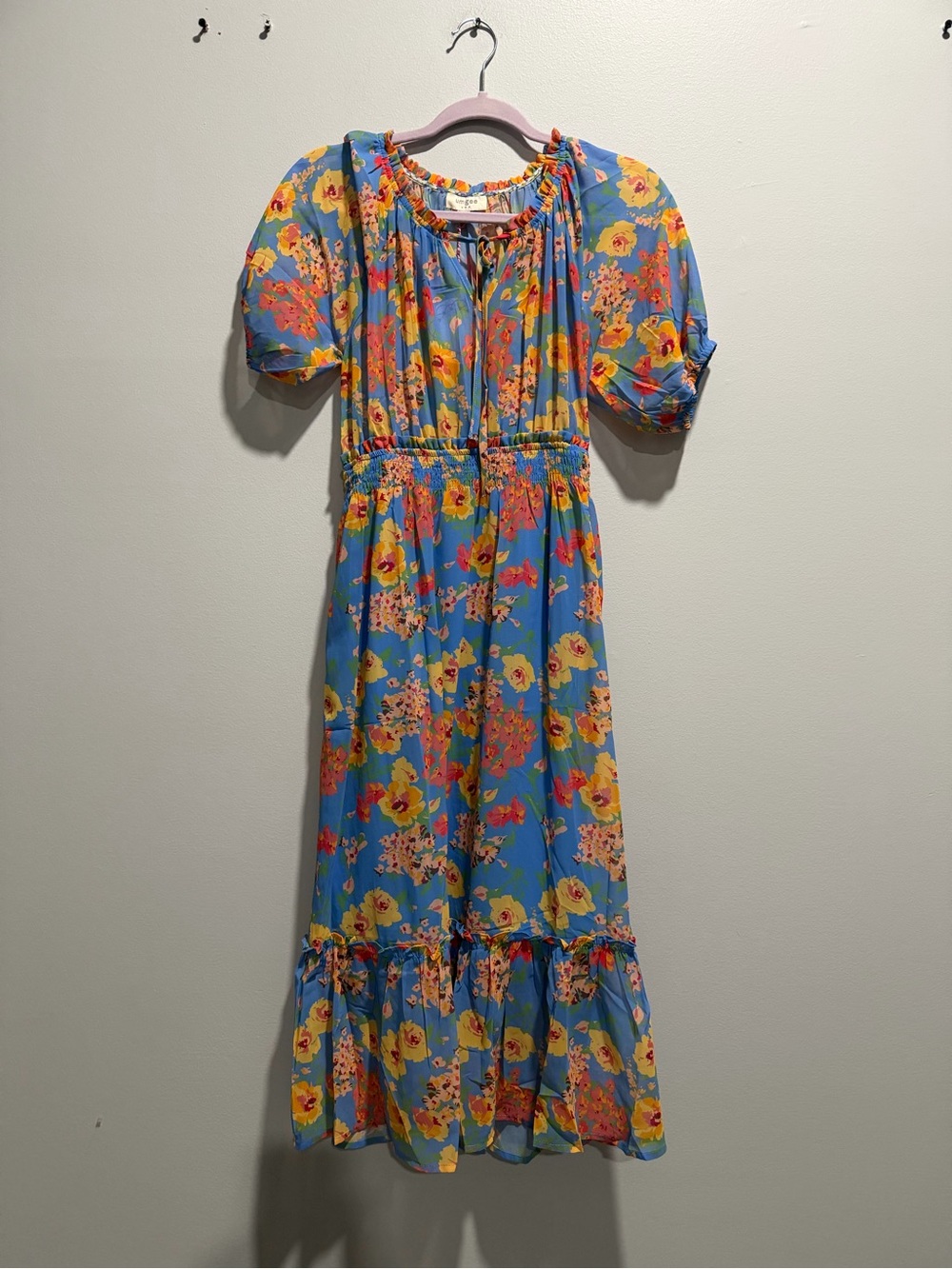 UMGEE Blue Floral Midi Dress with Puff Sleeves - Picture 1 of 2